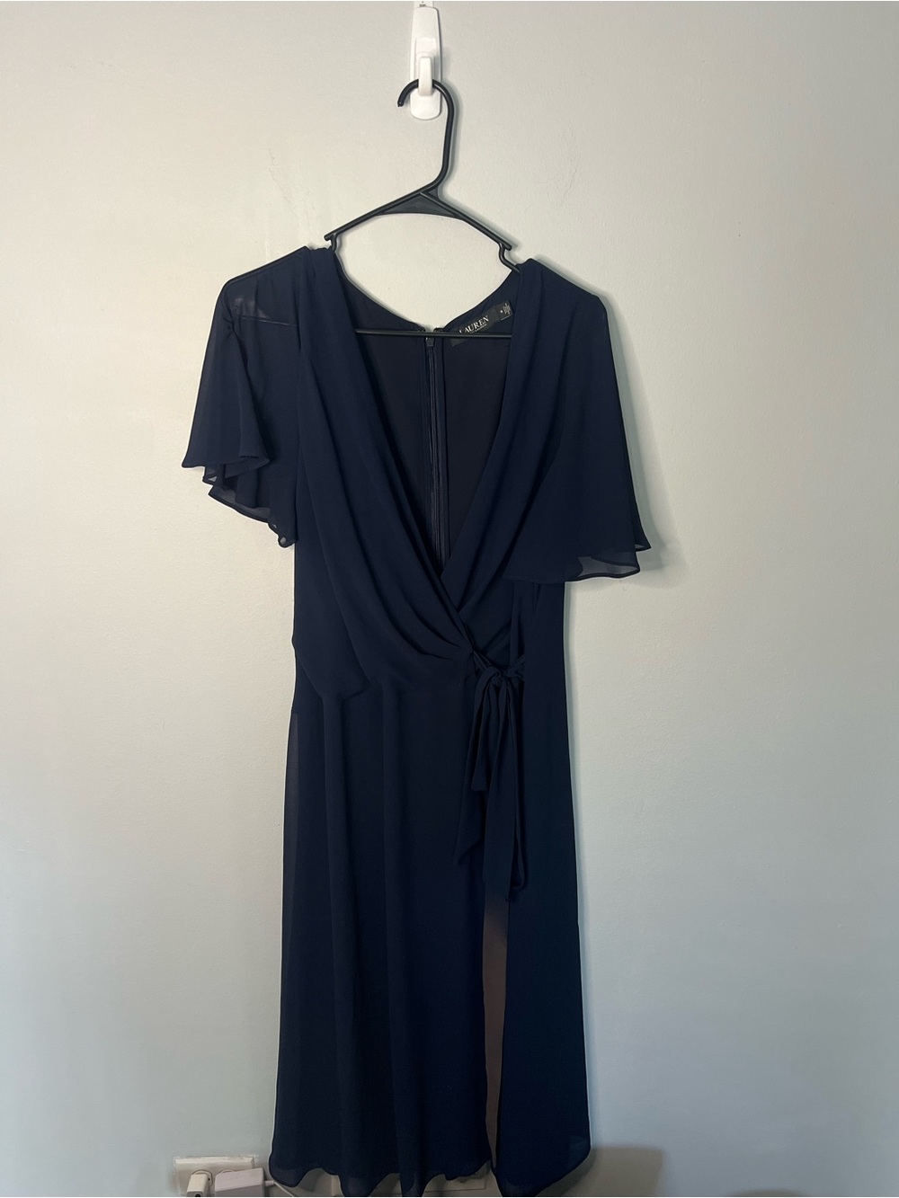 Ralph Lauren Navy Wrap Midi  with Flutter Sleeves Belted Georgette Dress size 14 - Picture 4 of 13